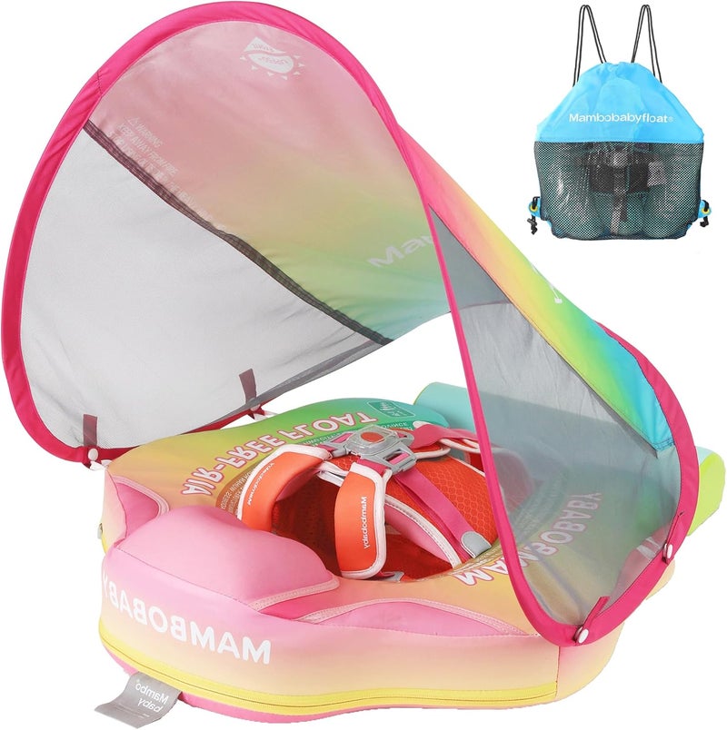 AnjeeIOT Mambobaby Float with Canopy Baby Float Non-Inflatable Baby Pool Float Solid Swimming Float Upgraded Add Tail Never Flip Over for Infant 3-24 Months, Rainbow Pink - Image 1